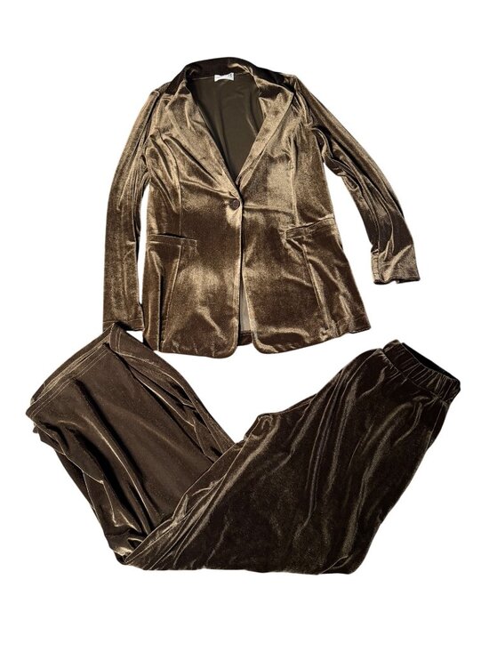 Lumante Pants - Lumante Womens Brown Velvet 2-Piece Blazer & Wide-Leg Pants Suit Set Made In Ita